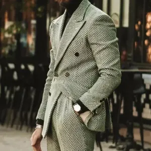 Aidase Herringbone Men Suit Slim Fit Wool Blend Double Breasted Tuxedos Formal Tailored 2Pieces Jacket and Pants