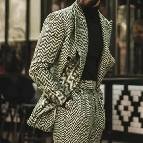 Aidase Herringbone Men Suit Slim Fit Wool Blend Double Breasted Tuxedos Formal Tailored 2Pieces Jacket and Pants