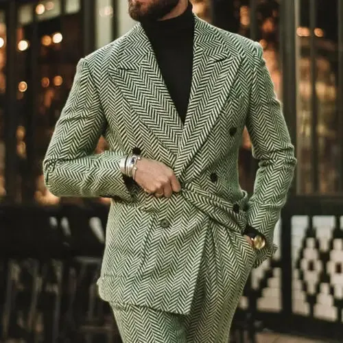 Aidase Herringbone Men Suit Slim Fit Wool Blend Double Breasted Tuxedos Formal Tailored 2Pieces Jacket and Pants