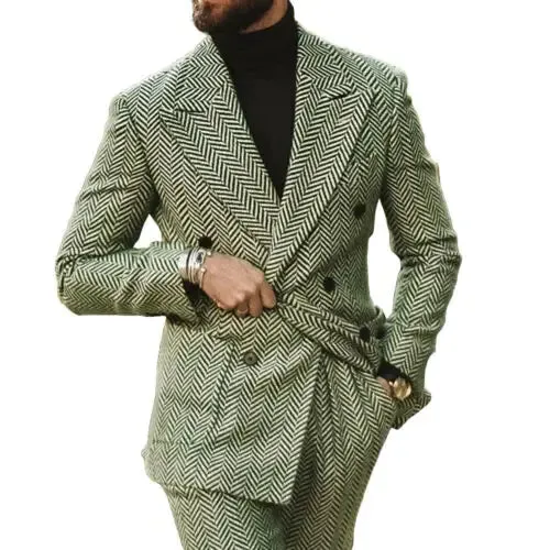 Aidase Herringbone Men Suit Slim Fit Wool Blend Double Breasted Tuxedos Formal Tailored 2Pieces Jacket and Pants