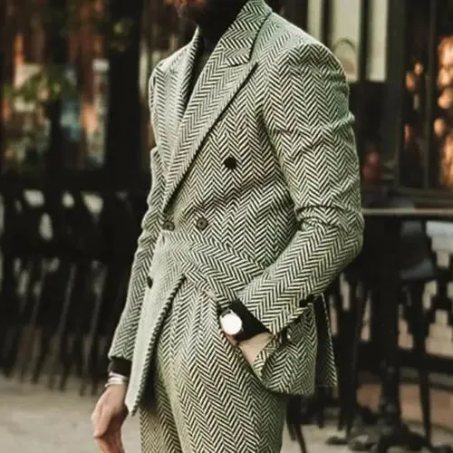 Aidase Herringbone Men Suit Slim Fit Wool Blend Double Breasted Tuxedos Formal Tailored 2Pieces Jacket and Pants