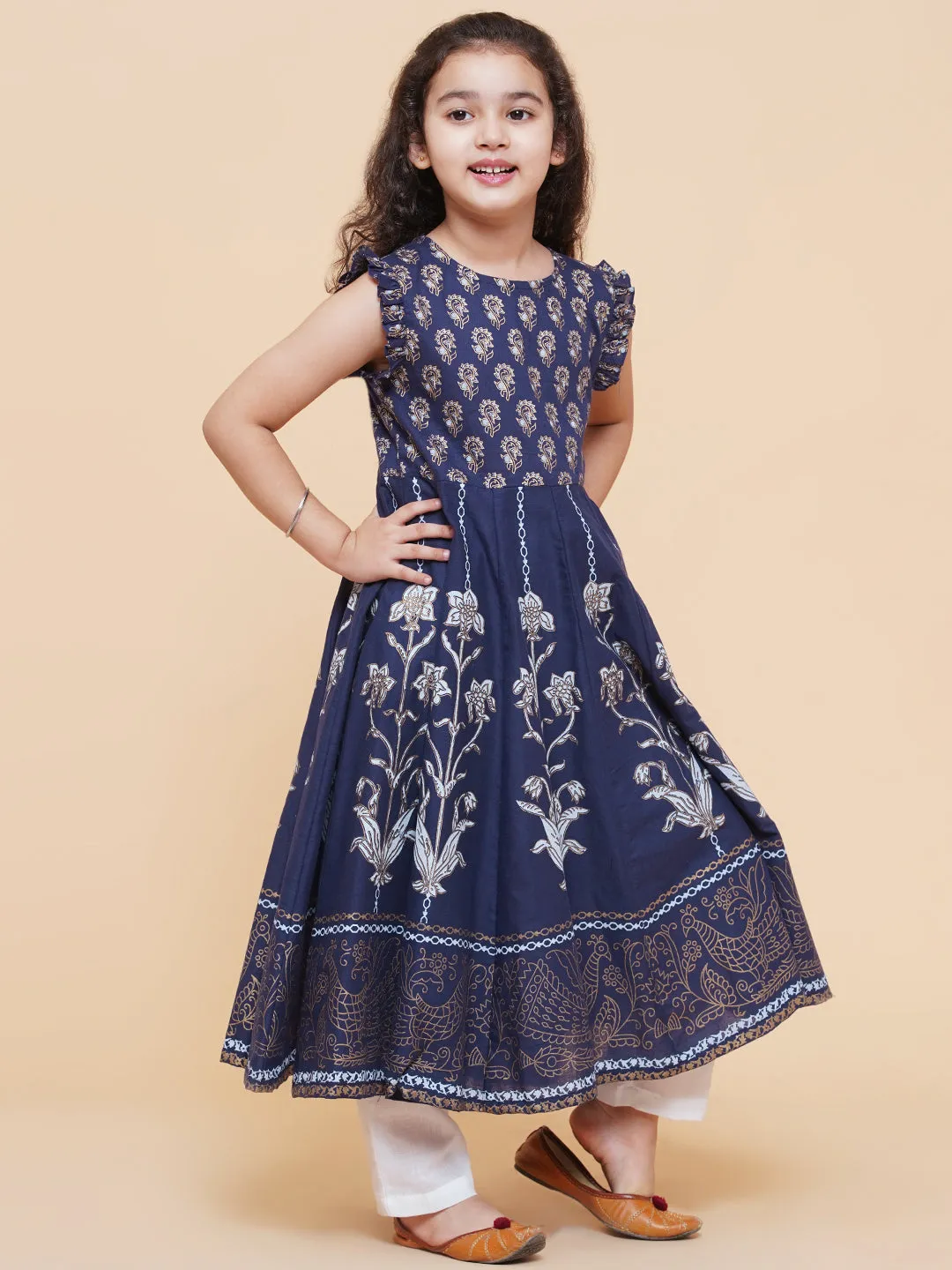 Girls Blue Foil Printed Kurta With Trouser & With Duppta