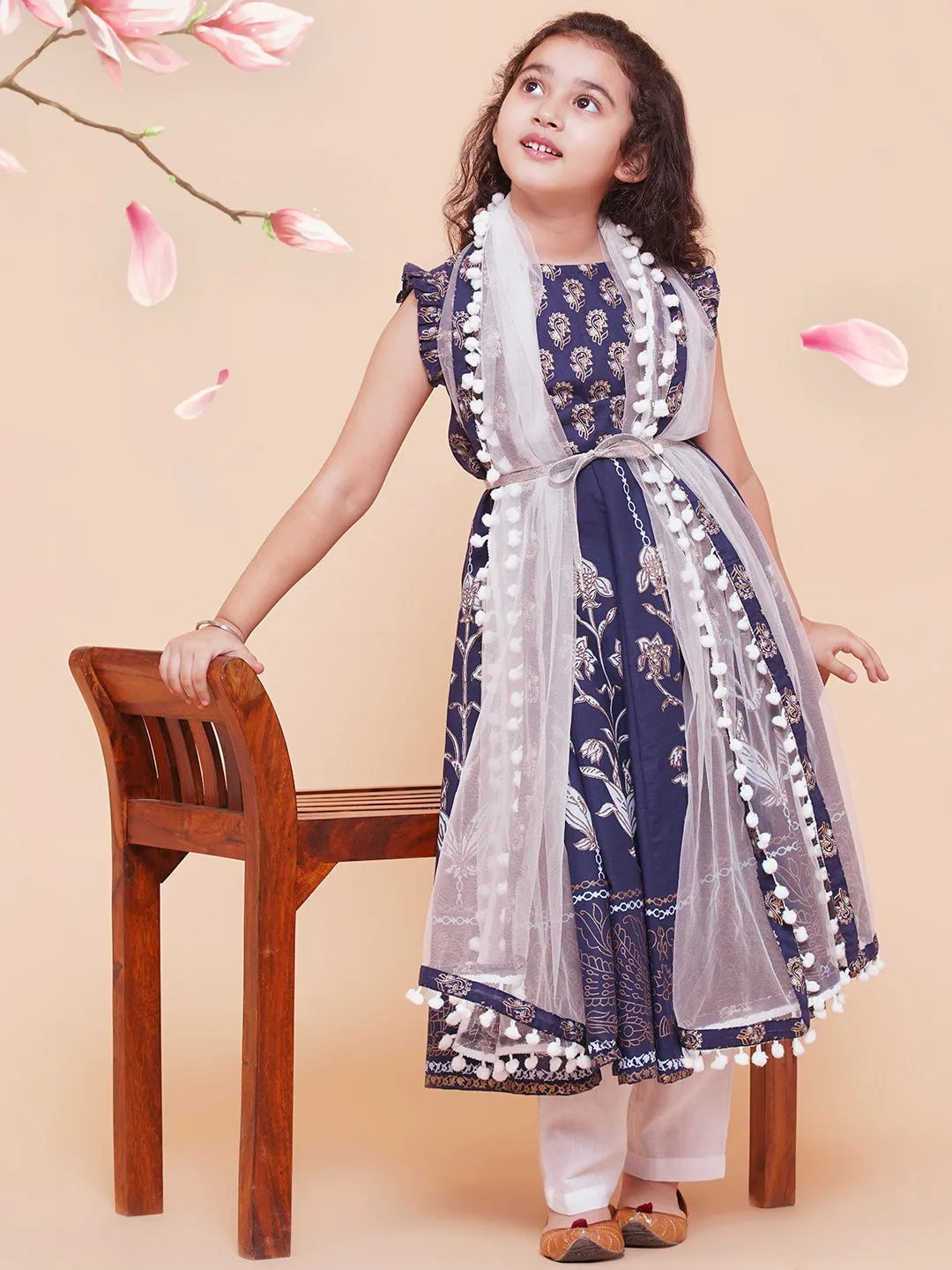 Girls Blue Foil Printed Kurta With Trouser & With Duppta