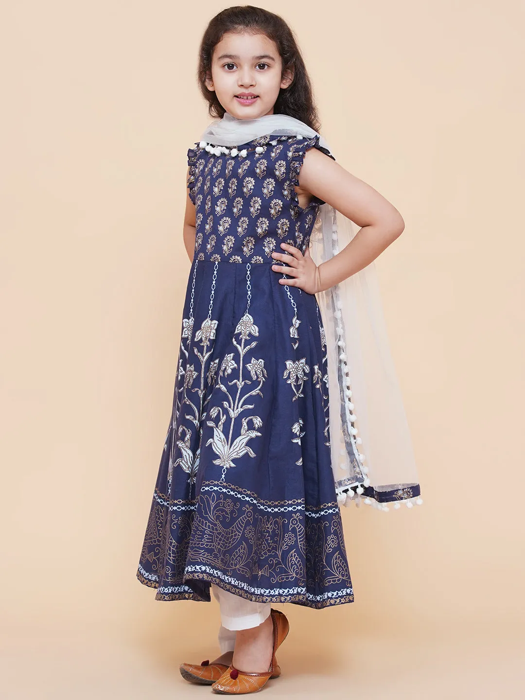 Girls Blue Foil Printed Kurta With Trouser & With Duppta