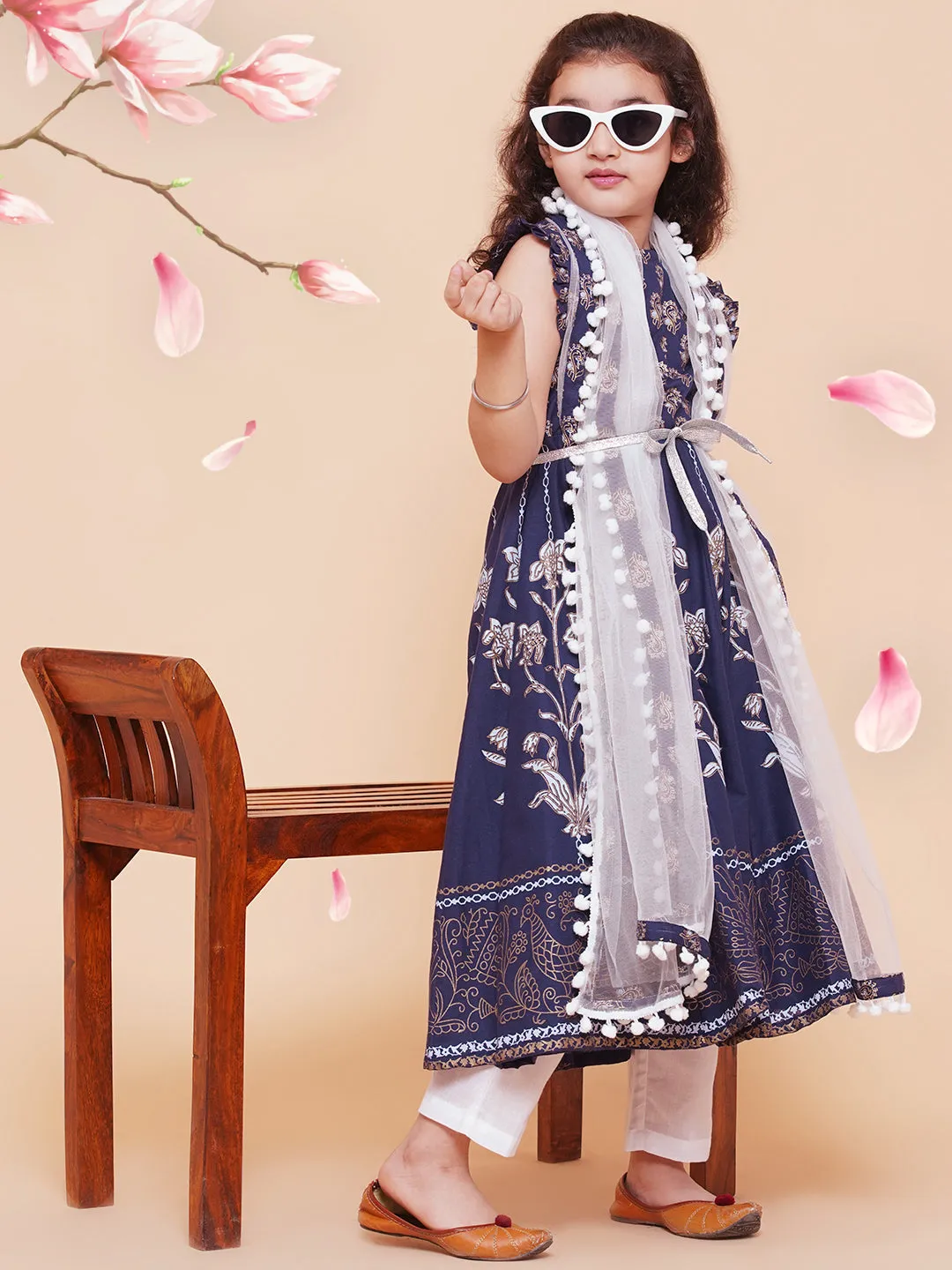 Girls Blue Foil Printed Kurta With Trouser & With Duppta
