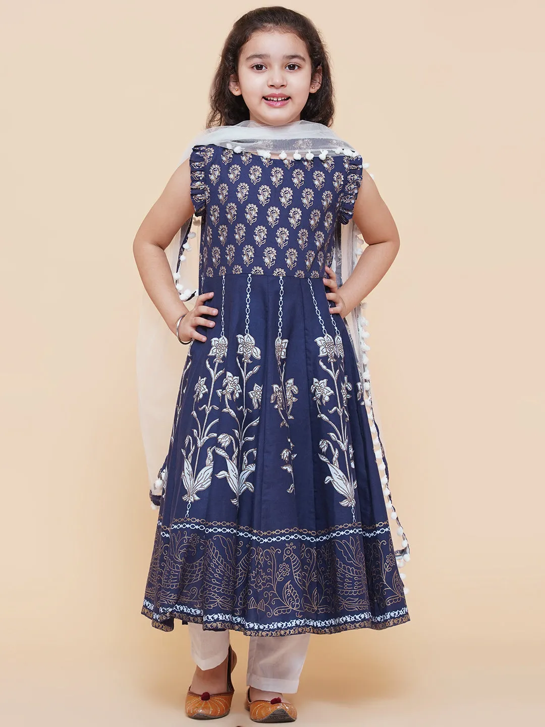 Girls Blue Foil Printed Kurta With Trouser & With Duppta