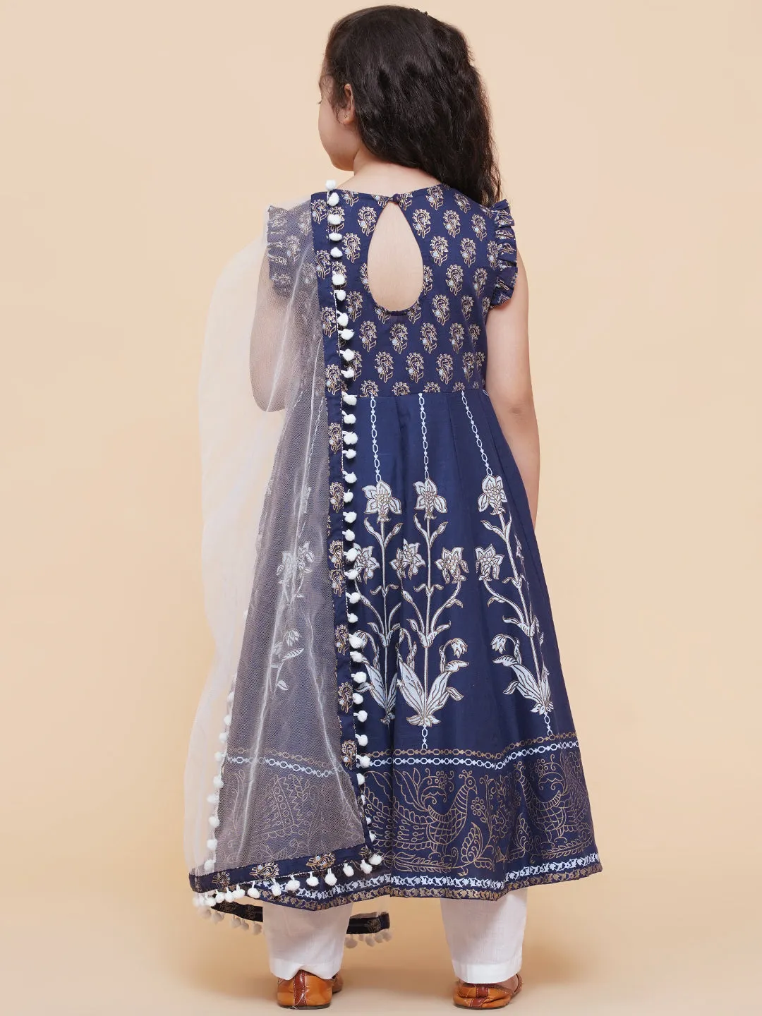 Girls Blue Foil Printed Kurta With Trouser & With Duppta
