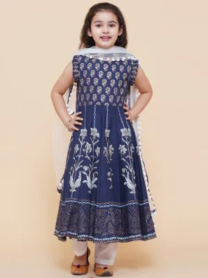 Girls Blue Foil Printed Kurta With Trouser & With Duppta