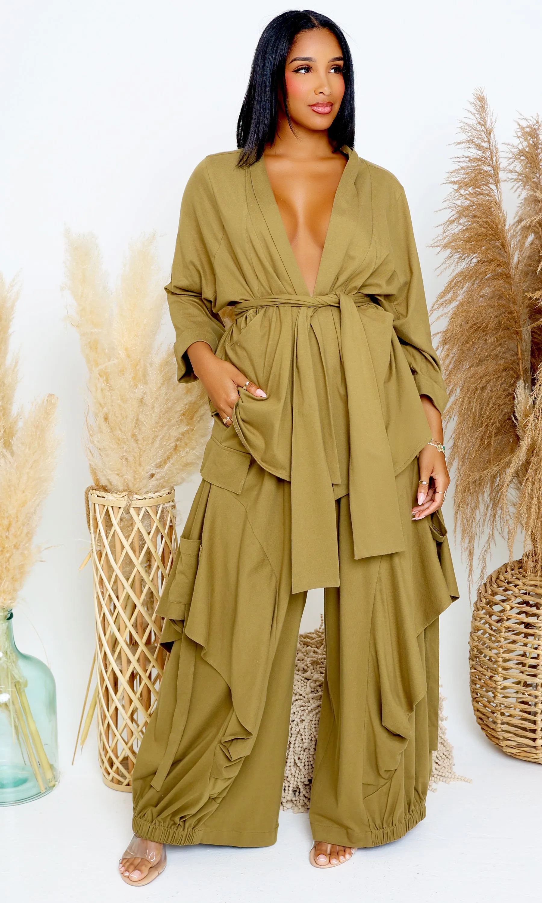Luxury | Jersey Cardigan Set - Olive PREORDER Ships End April