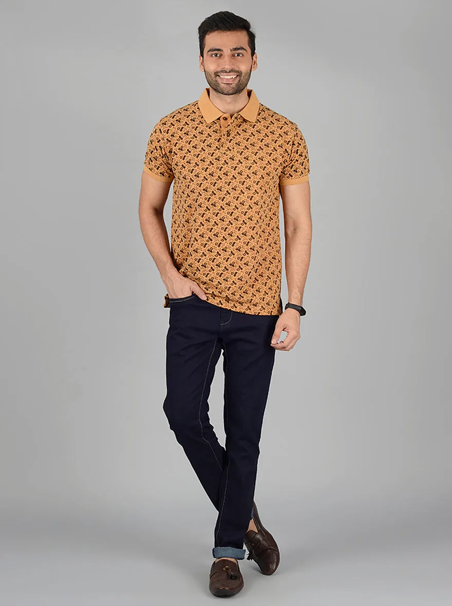 Mustard Yellow Printed Slim Fit Polo T-Shirt | Greenfibre