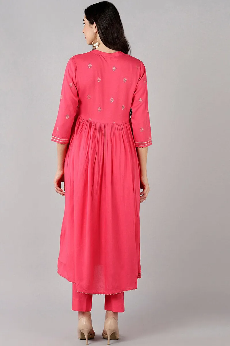 Pink Polyester Solid Flared Kurta Set