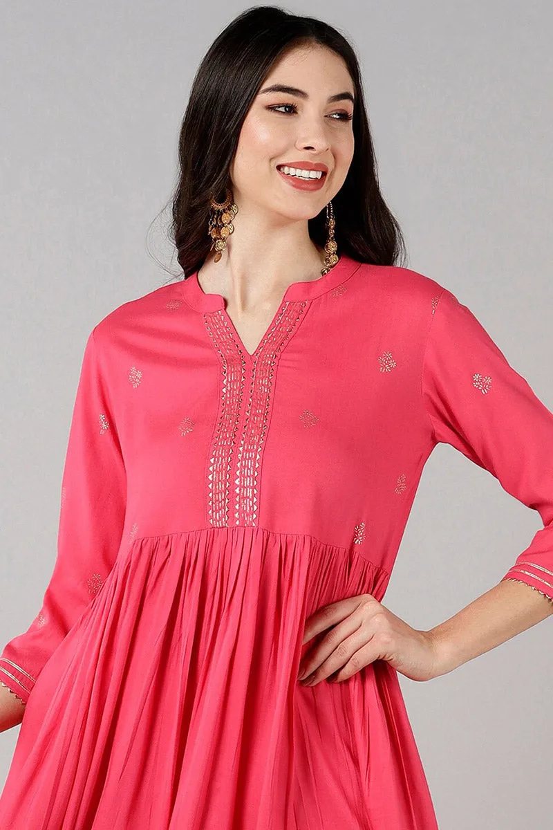 Pink Polyester Solid Flared Kurta Set