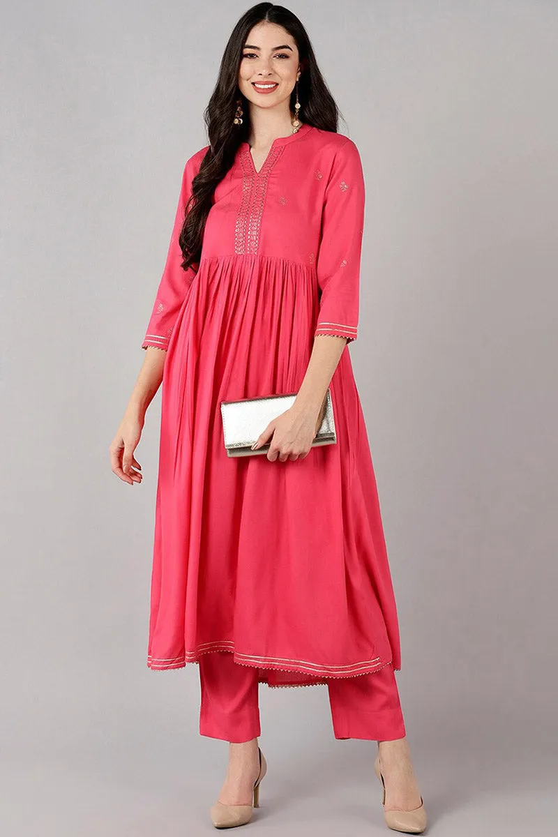 Pink Polyester Solid Flared Kurta Set