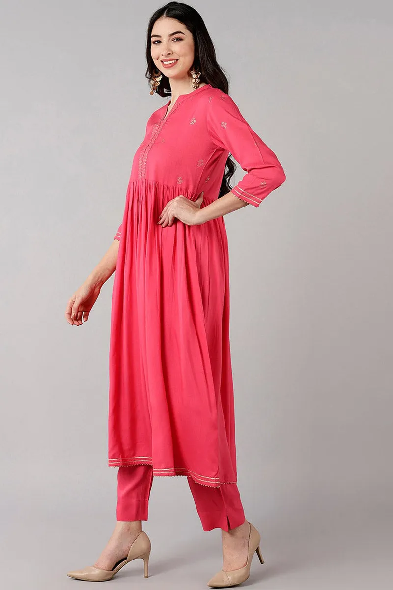 Pink Polyester Solid Flared Kurta Set