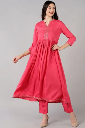 Pink Polyester Solid Flared Kurta Set